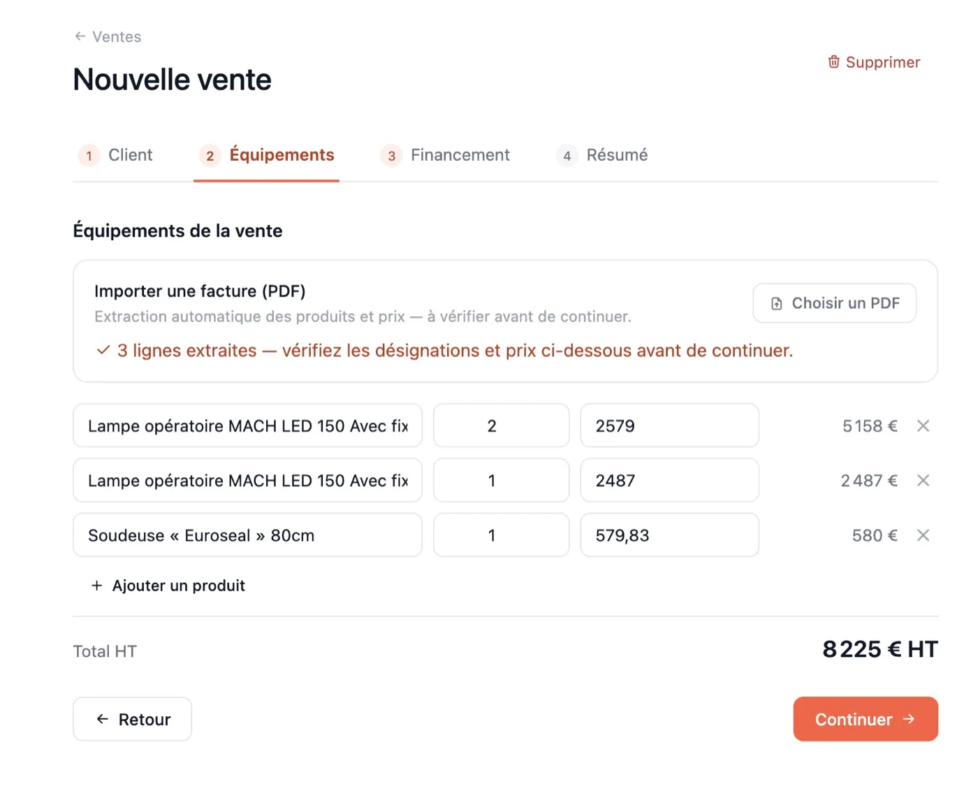 Ajout des équipements d’une vente dans Brando