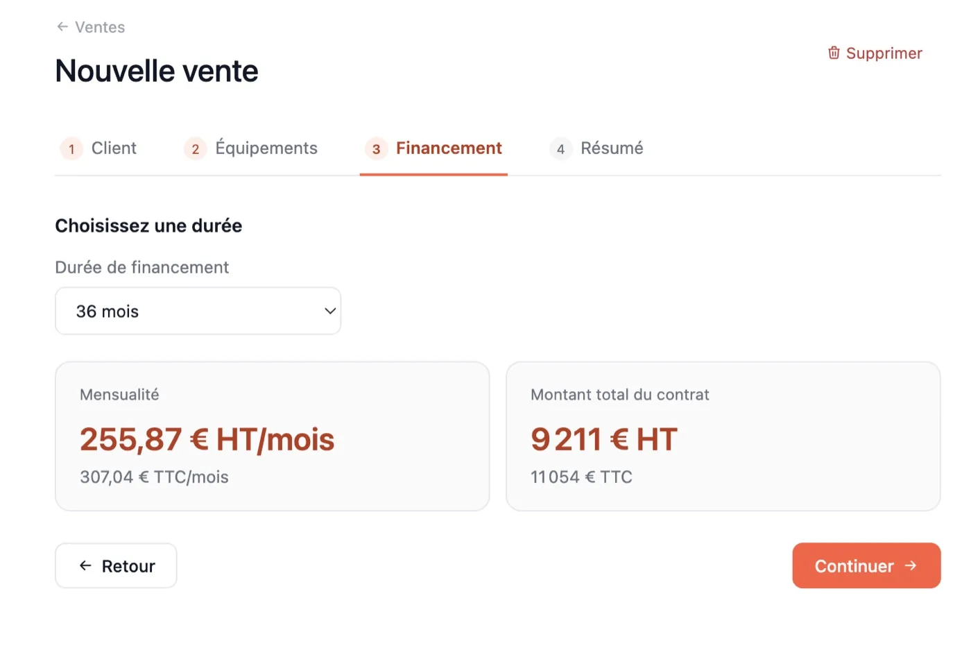 Choix de la durée et affichage de la mensualité dans Brando