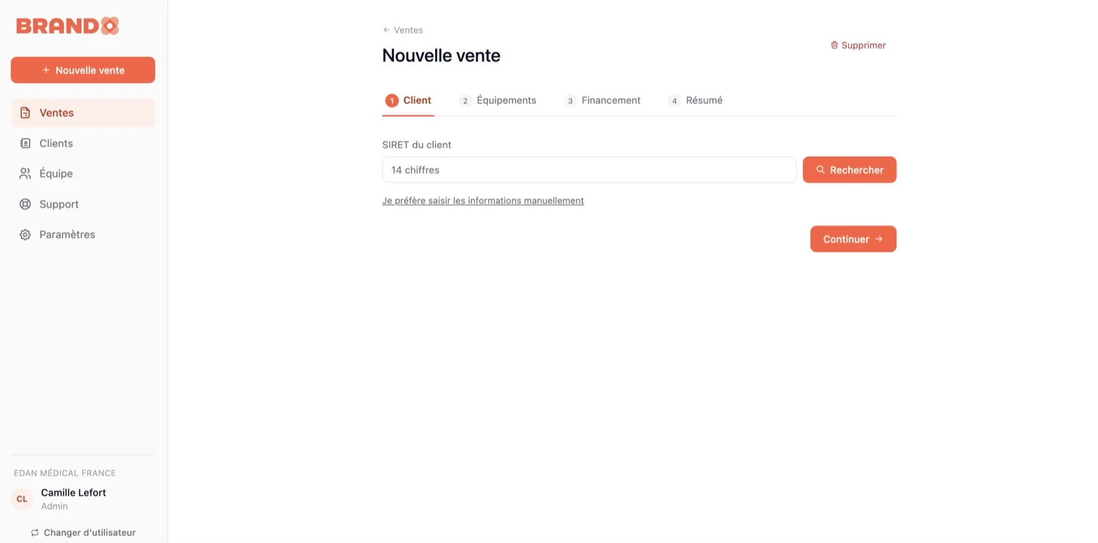Création d’une nouvelle vente dans la plateforme Brando