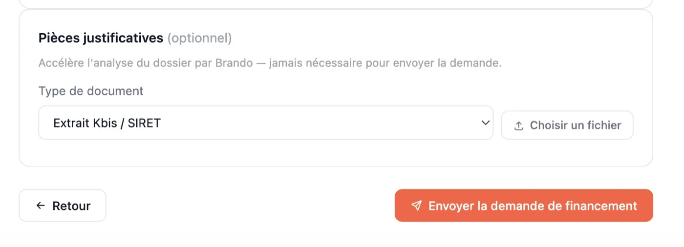 Envoi d’une demande de financement depuis Brando